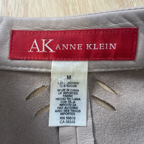 AK ANNE KLEIN Tan Cutaway Leather Jacket Blazer Button Stand Up Collar Sz M - Picture 9 of 10